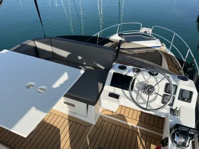 Cockpit of Jean, a Beneteau Antares 11 Fly OB motorboat at Punat, Croatia