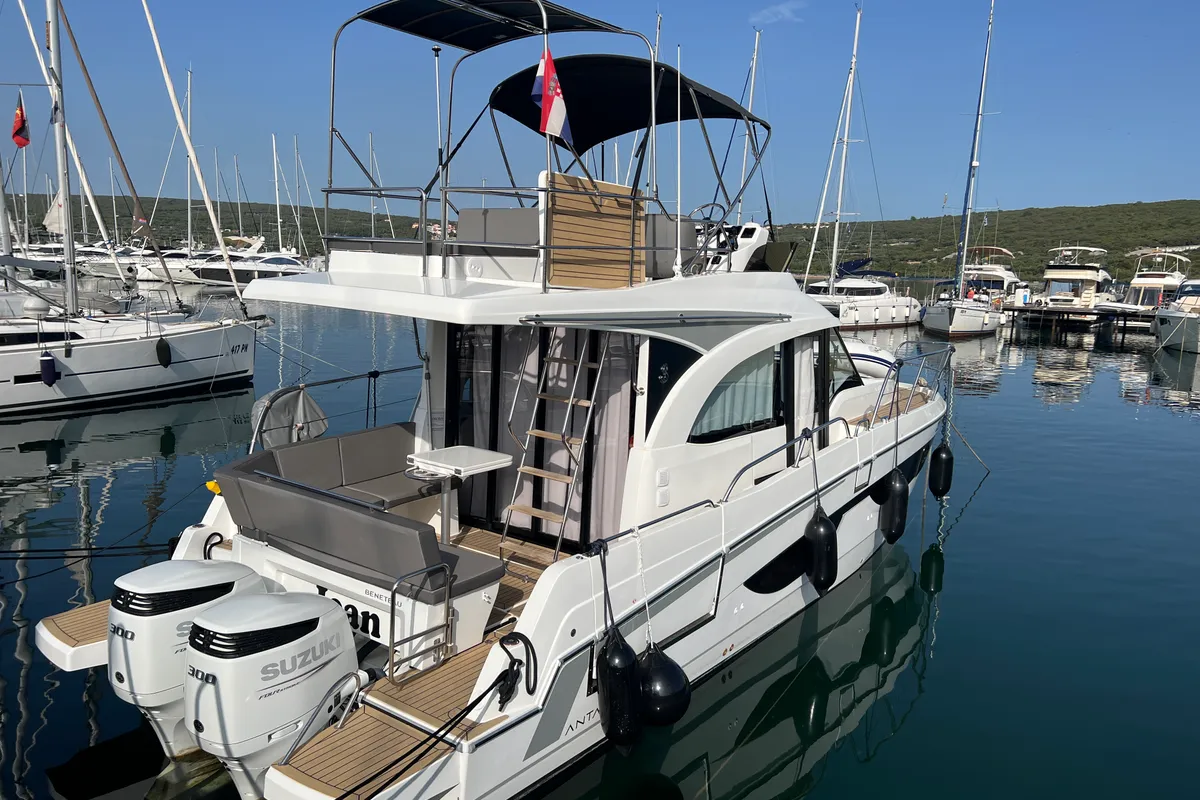 Exterior view of Jean, a Beneteau Antares 11 Fly OB motorboat at Punat, Croatia