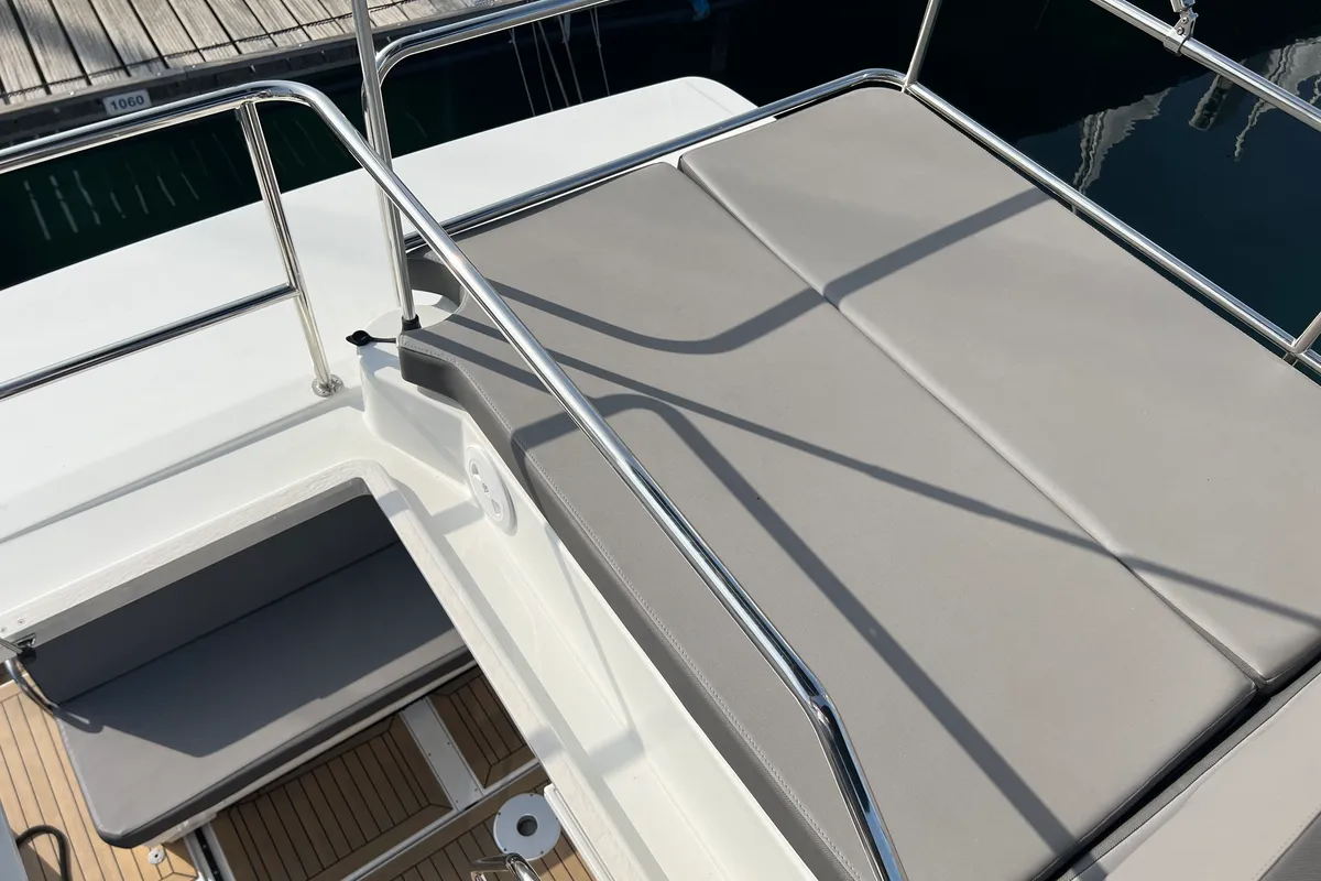 Deck of Jean, a Beneteau Antares 11 Fly OB motorboat at Punat, Croatia