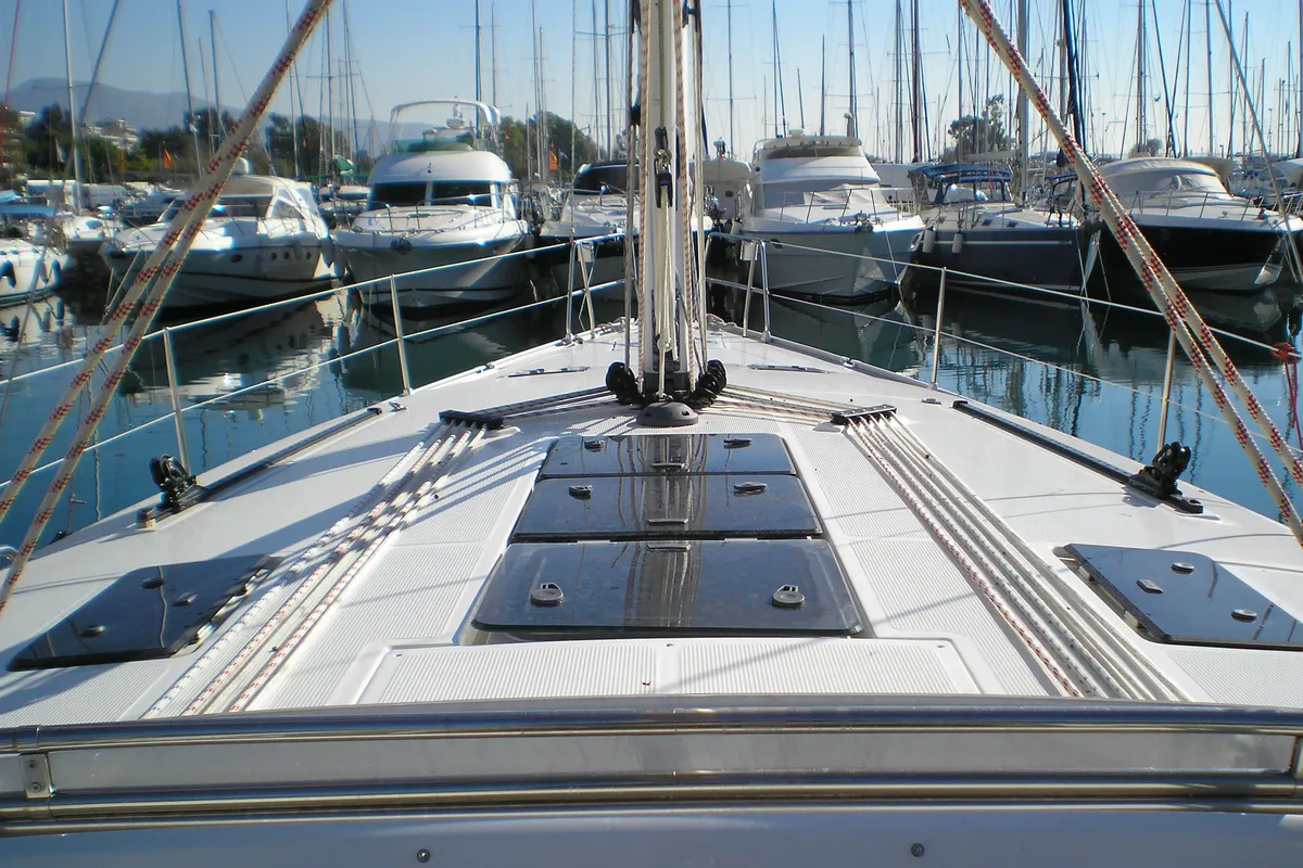 Deck of Patroklos, a Bavaria Cruiser 45 sailboat at Municipal Unit of Lefkada, Greece