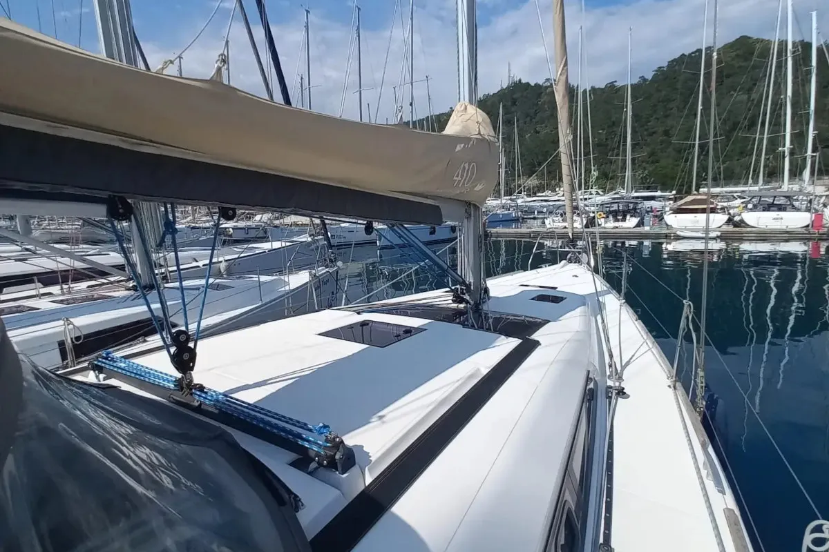 Deck of Julia, a Dufour 410 Grand Large sailboat at Marmaris, Turkey