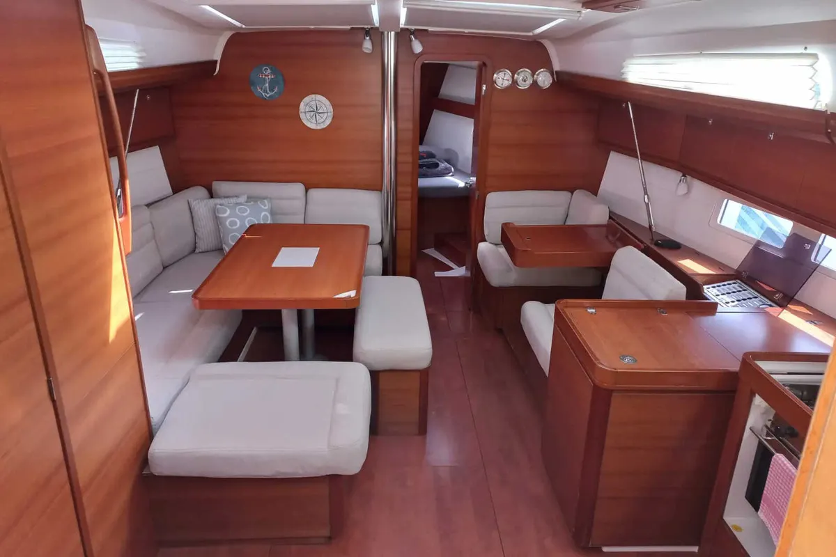 Salon of Julia, a Dufour 410 Grand Large sailboat at Marmaris, Turkey