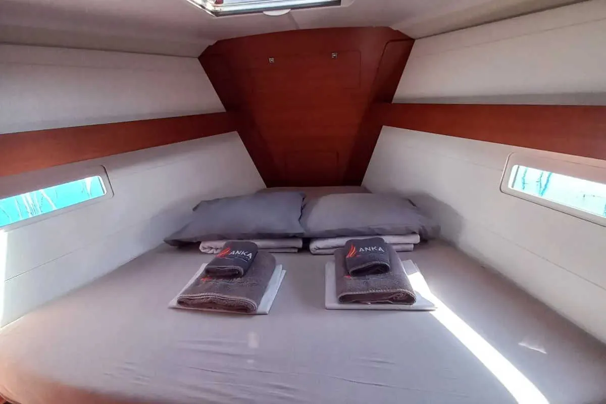 Cabin on Julia, a Dufour 410 Grand Large sailboat at Marmaris, Turkey