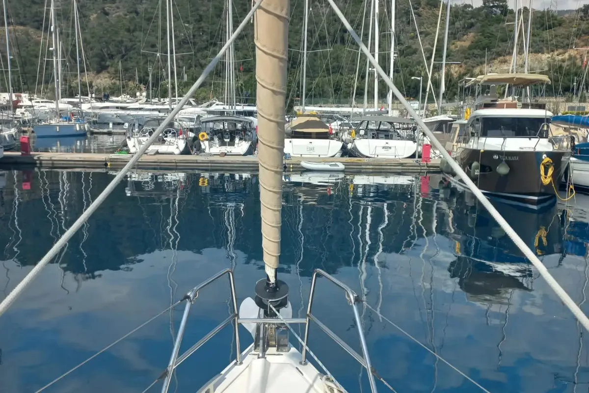 Exterior view of Julia, a Dufour 410 Grand Large sailboat at Marmaris, Turkey