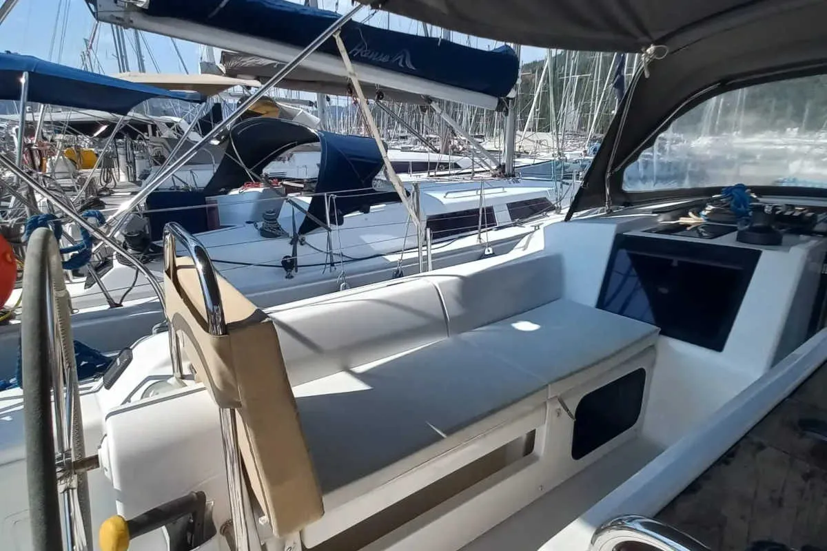 Deck of Julia, a Dufour 410 Grand Large sailboat at Marmaris, Turkey