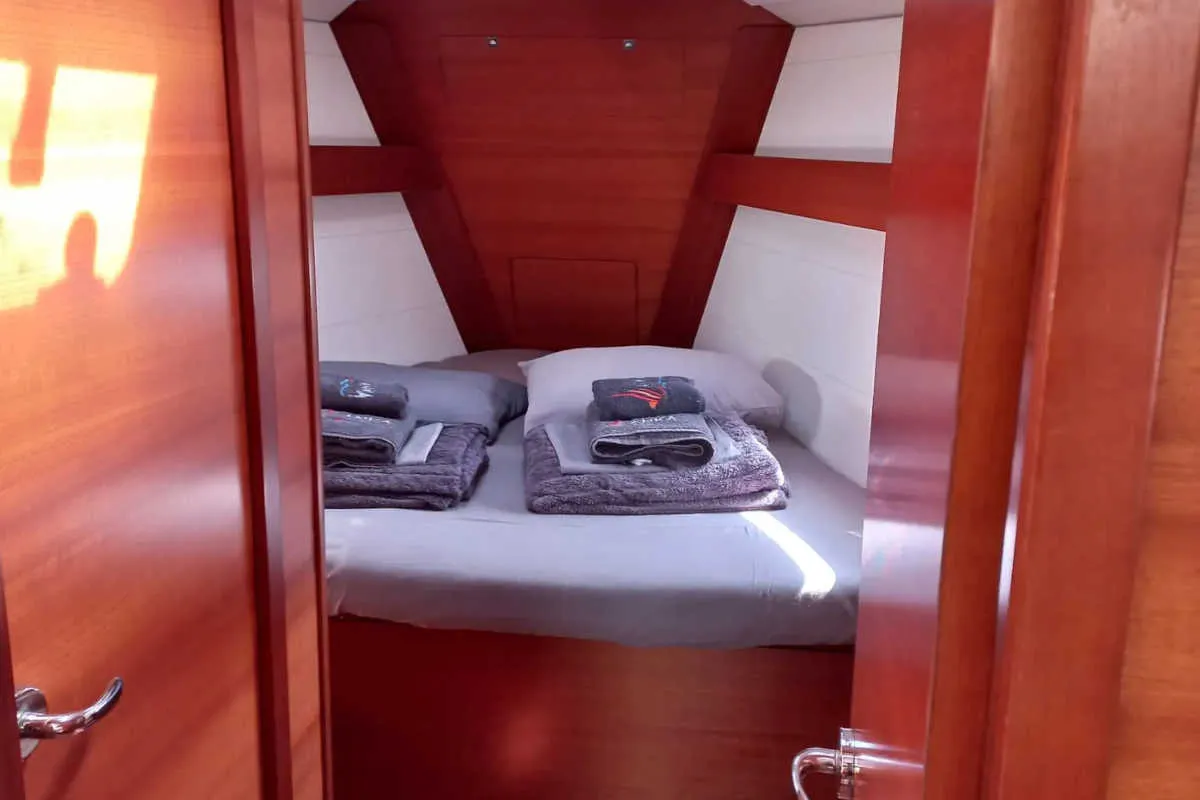 Cabin on Julia, a Dufour 410 Grand Large sailboat at Marmaris, Turkey