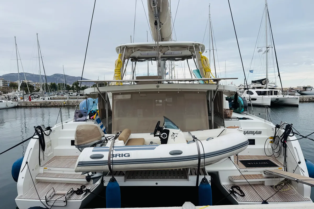 Exterior view of CARCHARIAS, a Lagoon 46 catamaran at Kontokali, Greece