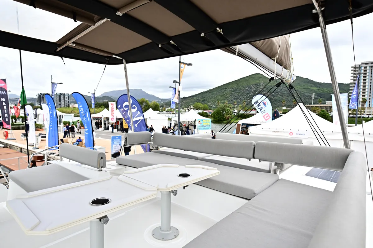 Deck of Arche IV, a Bali 4.8 catamaran at Salerno, Italy