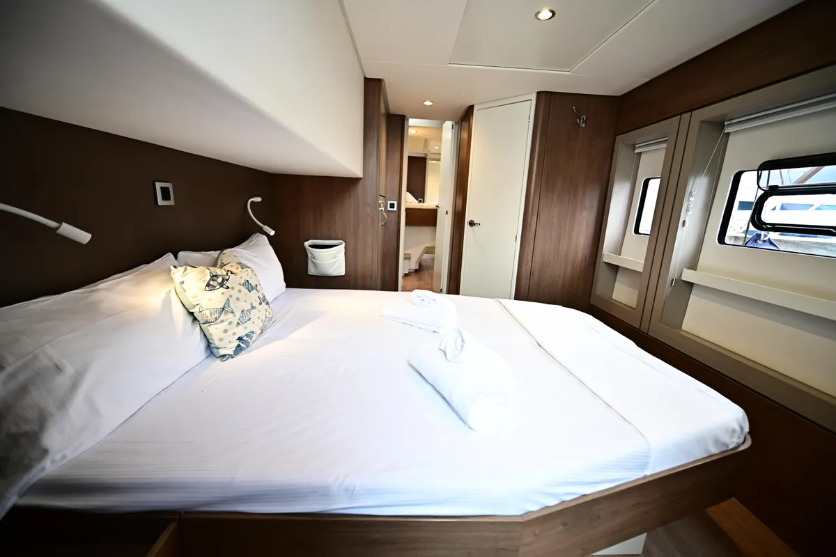 Cabin on Arche IV, a Bali 4.8 catamaran at Salerno, Italy