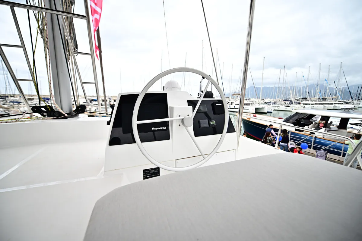 Cockpit of Arche IV, a Bali 4.8 catamaran at Salerno, Italy