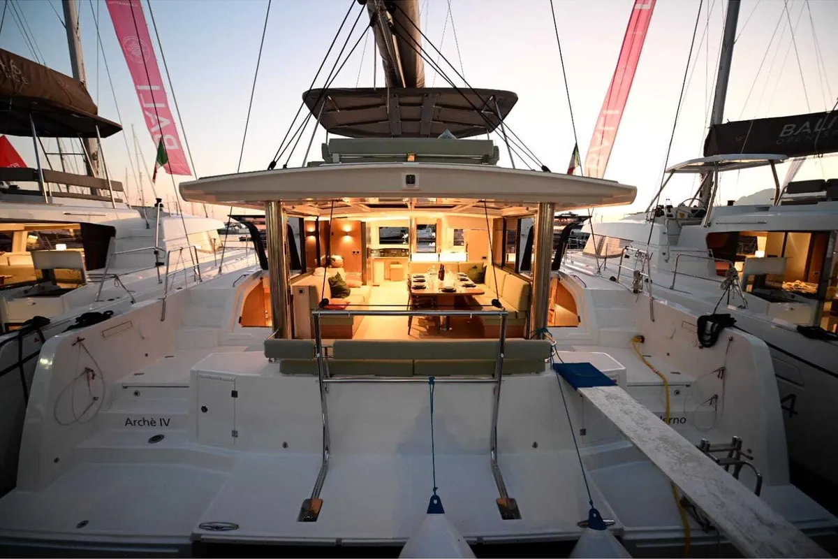 Exterior view of Arche IV, a Bali 4.8 catamaran at Salerno, Italy