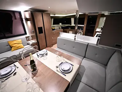 Salon of Arche IV, a Bali 4.8 catamaran at Salerno, Italy