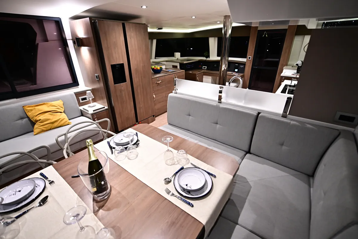 Salon of Arche IV, a Bali 4.8 catamaran at Salerno, Italy