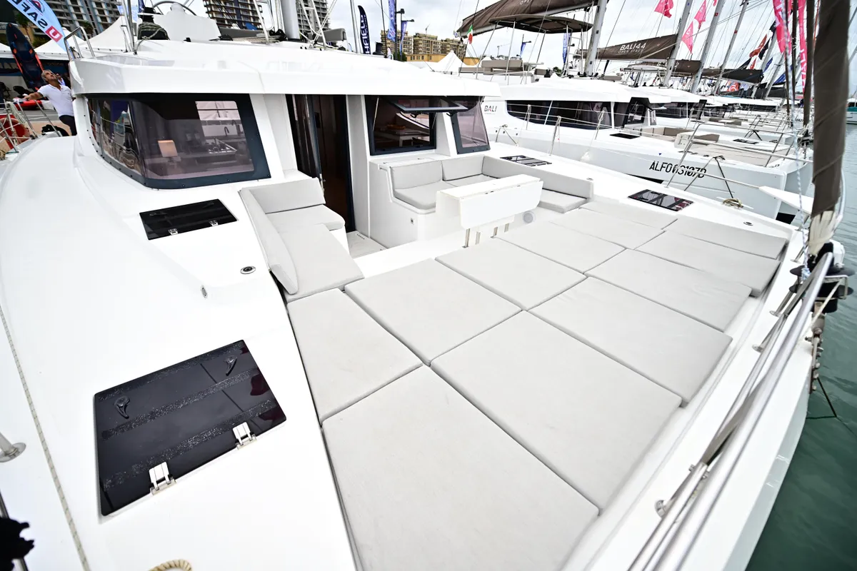 Deck of Arche IV, a Bali 4.8 catamaran at Salerno, Italy