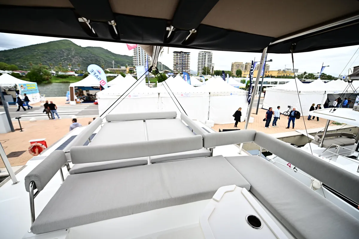 Deck of Arche IV, a Bali 4.8 catamaran at Salerno, Italy