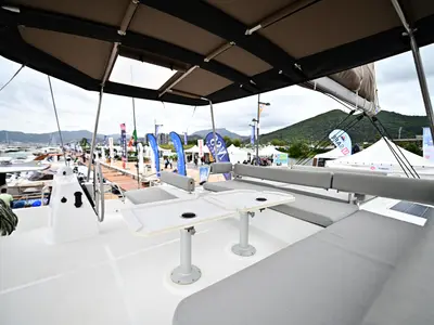 Deck of Arche IV, a Bali 4.8 catamaran at Salerno, Italy