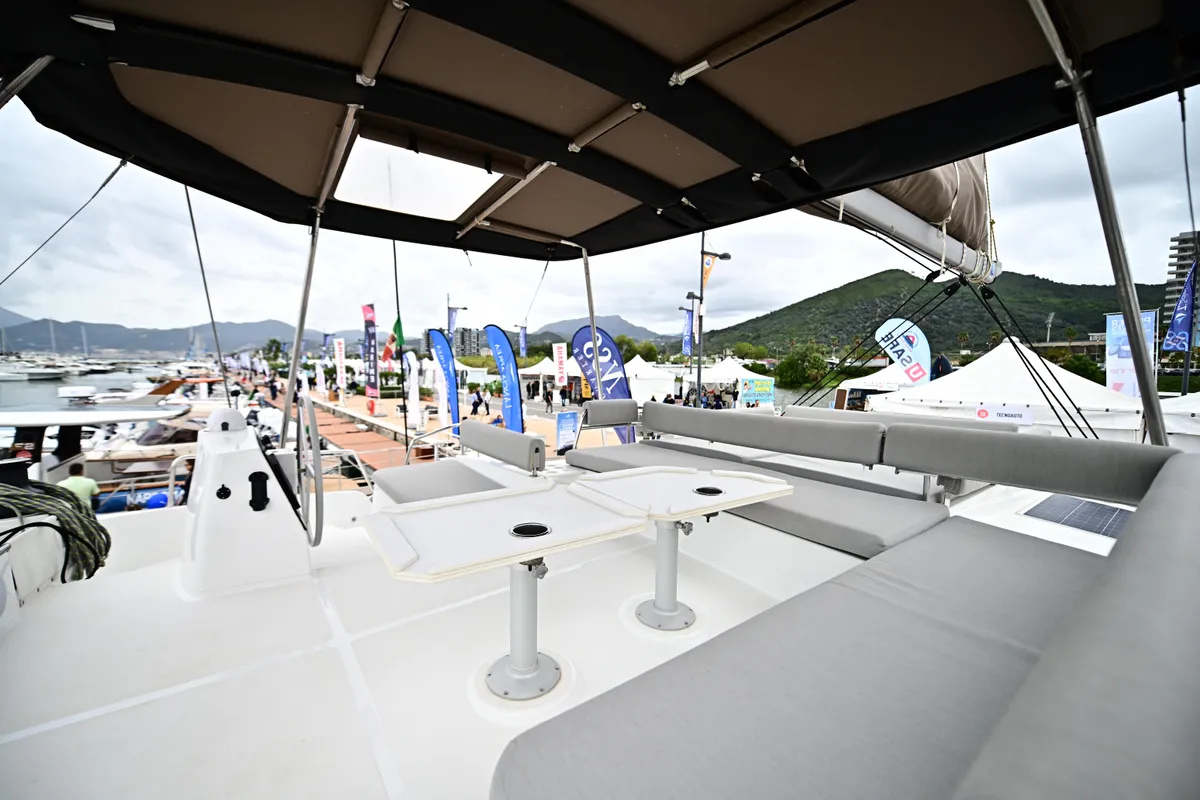 Deck of Arche IV, a Bali 4.8 catamaran at Salerno, Italy