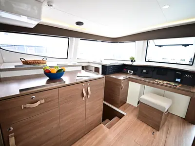 Cockpit of Arche IV, a Bali 4.8 catamaran at Salerno, Italy