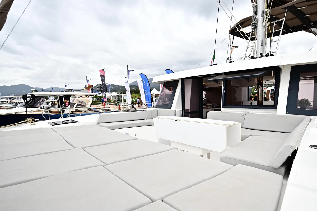 Deck of Arche IV, a Bali 4.8 catamaran at Salerno, Italy