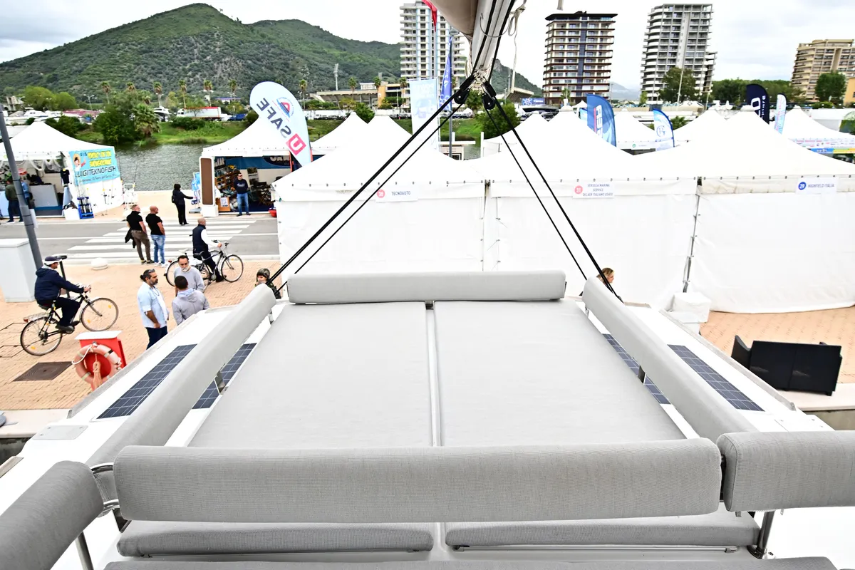 Deck of Arche IV, a Bali 4.8 catamaran at Salerno, Italy