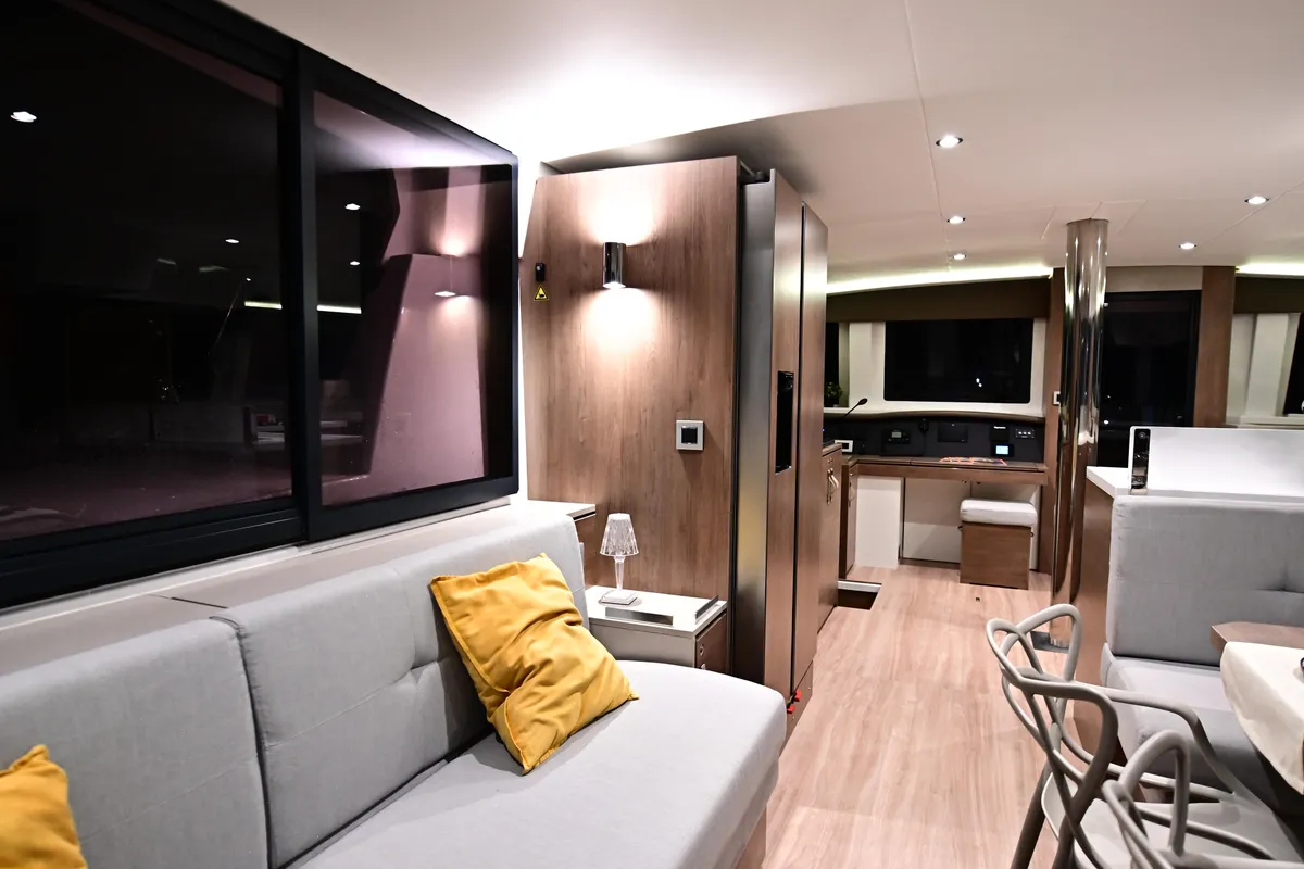 Salon of Arche IV, a Bali 4.8 catamaran at Salerno, Italy