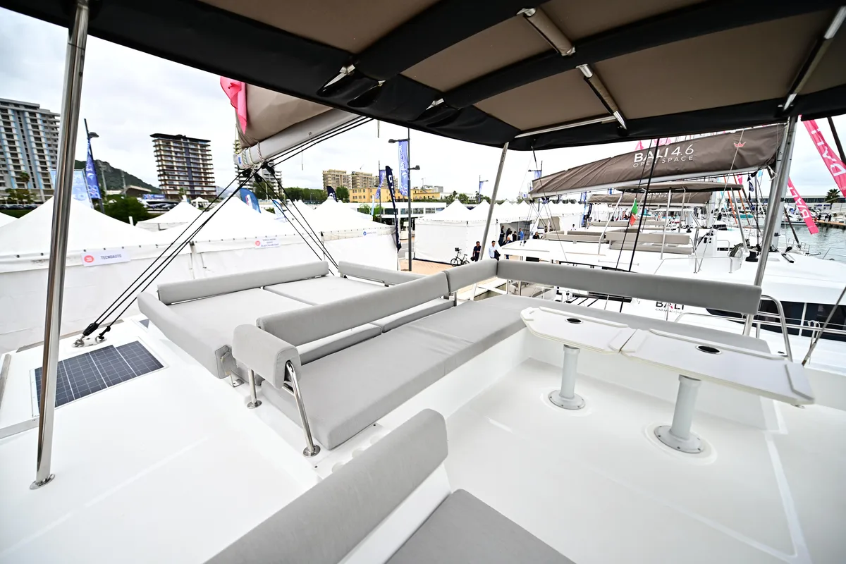 Deck of Arche IV, a Bali 4.8 catamaran at Salerno, Italy