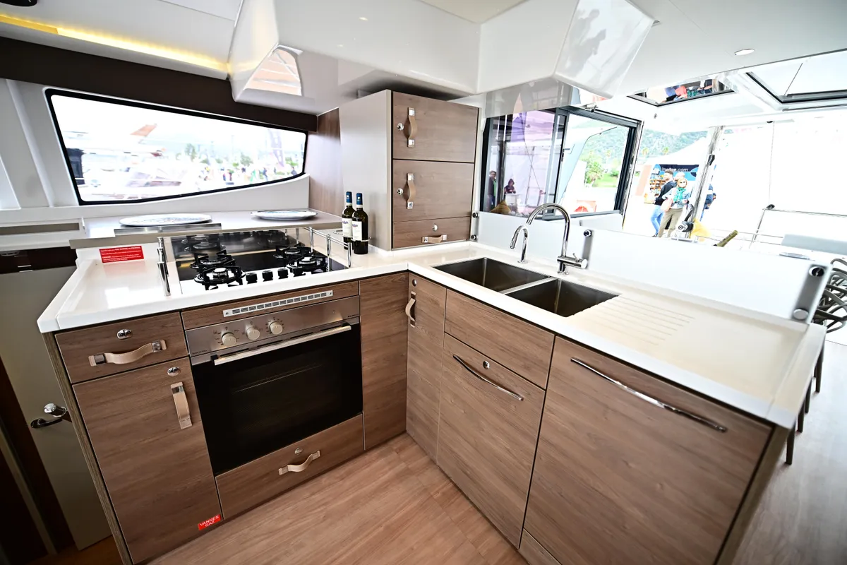 Galley of Arche IV, a Bali 4.8 catamaran at Salerno, Italy