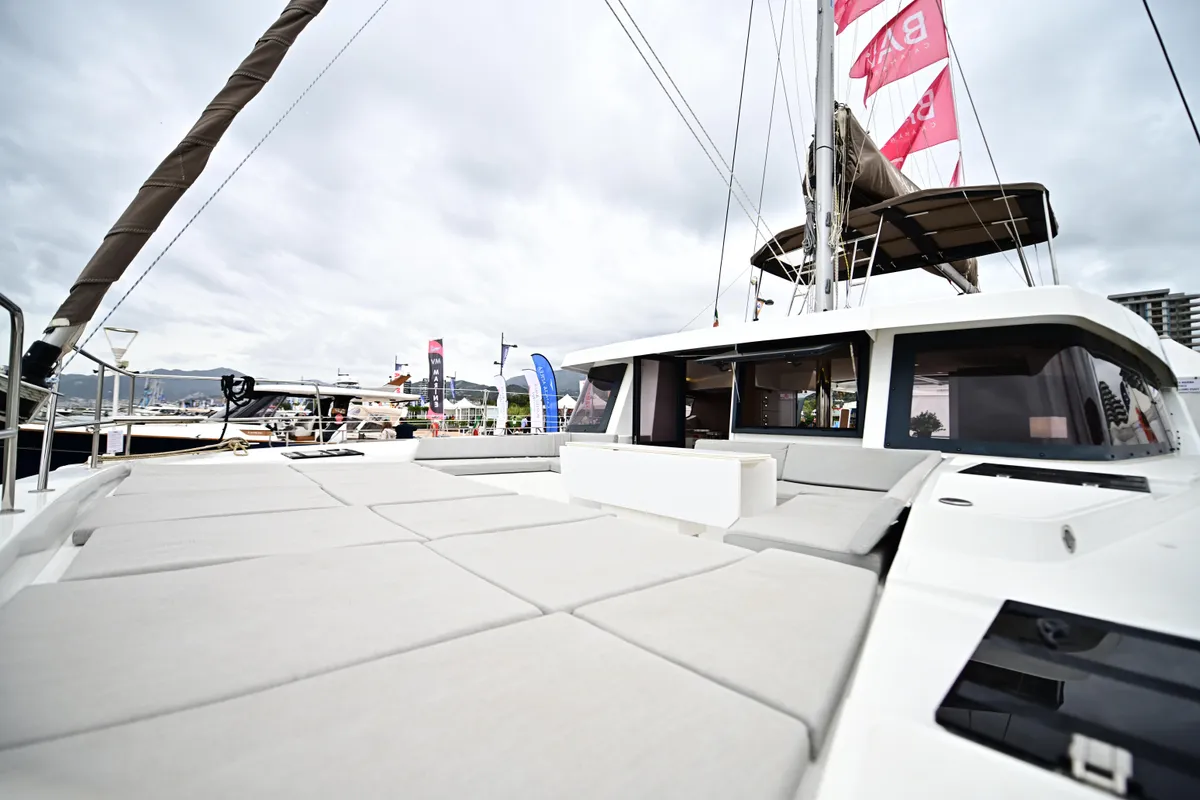 Deck of Arche IV, a Bali 4.8 catamaran at Salerno, Italy