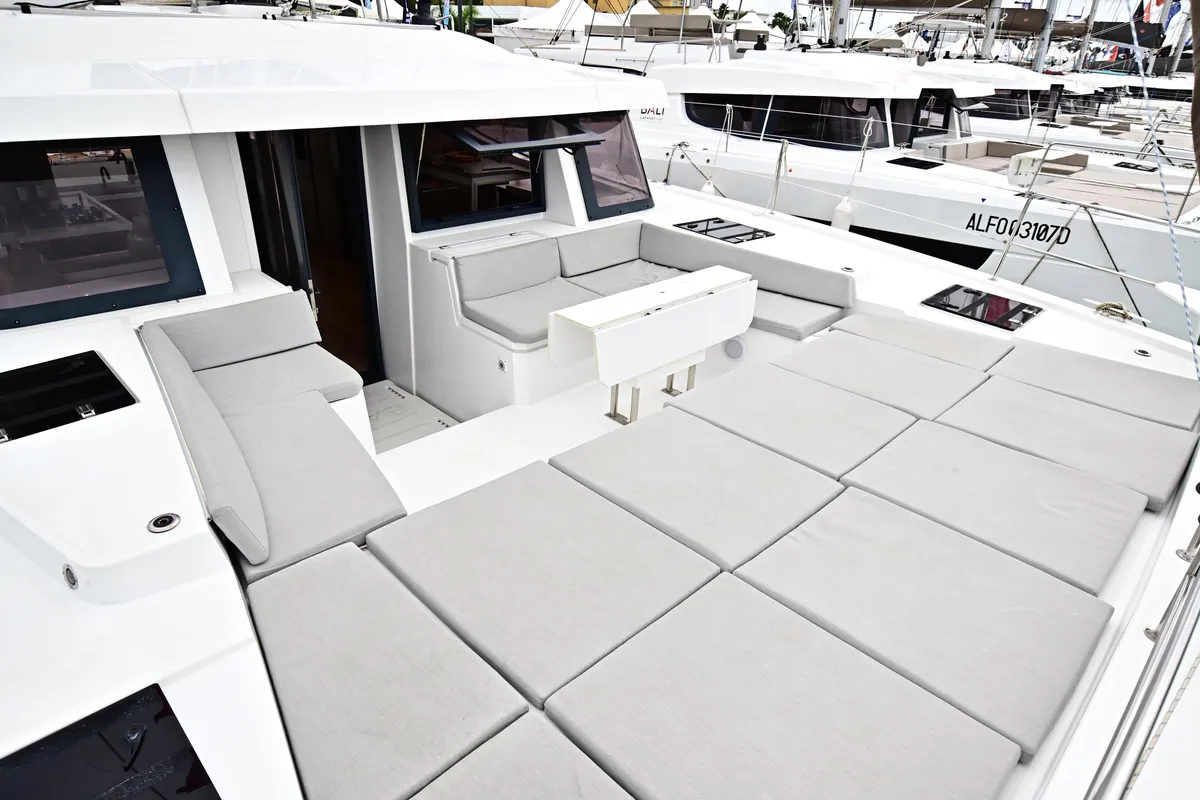 Deck of Arche IV, a Bali 4.8 catamaran at Salerno, Italy