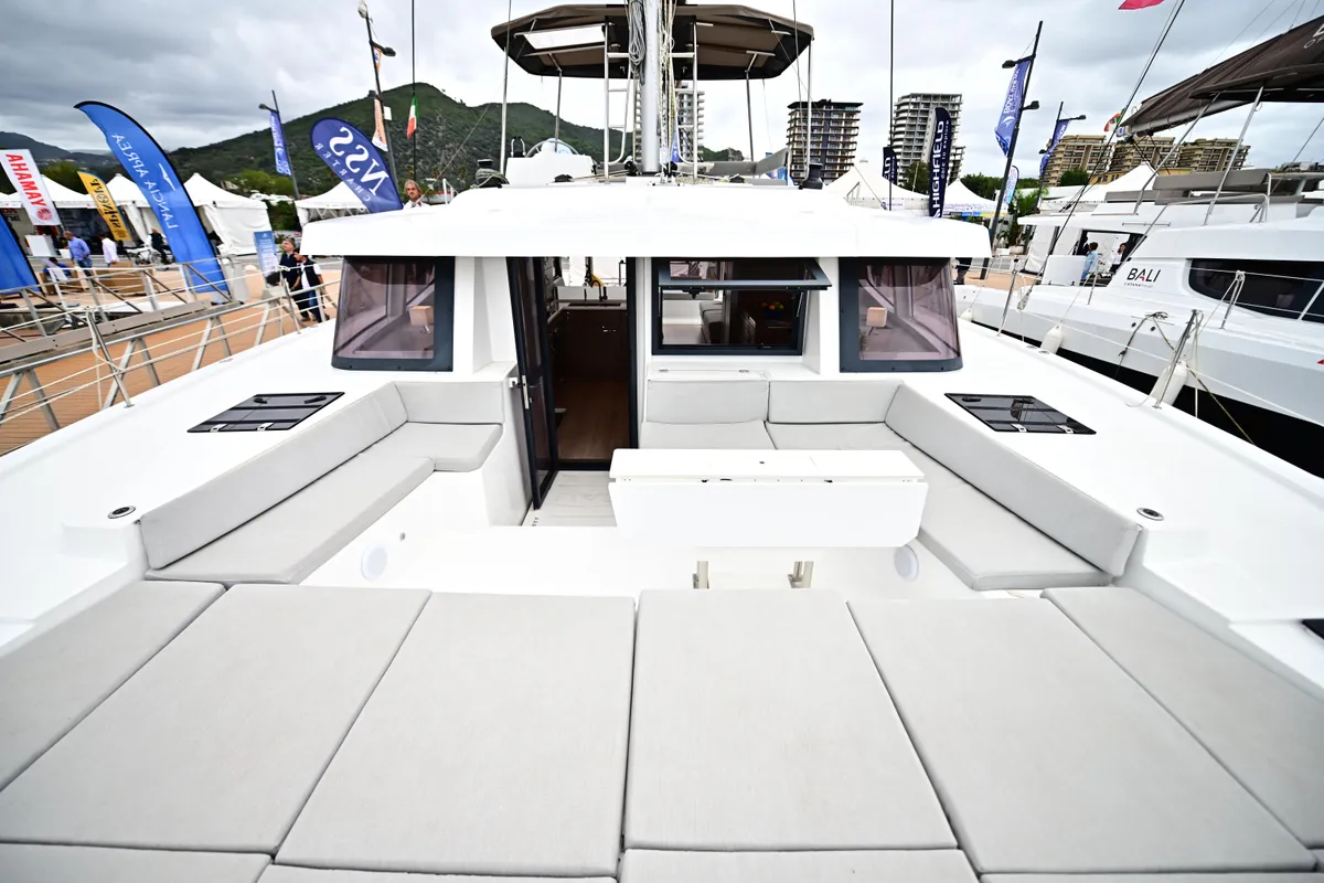 Exterior view of Arche IV, a Bali 4.8 catamaran at Salerno, Italy