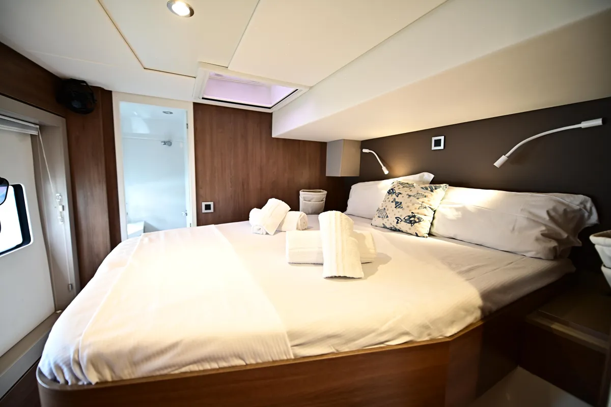 Cabin on Arche IV, a Bali 4.8 catamaran at Salerno, Italy