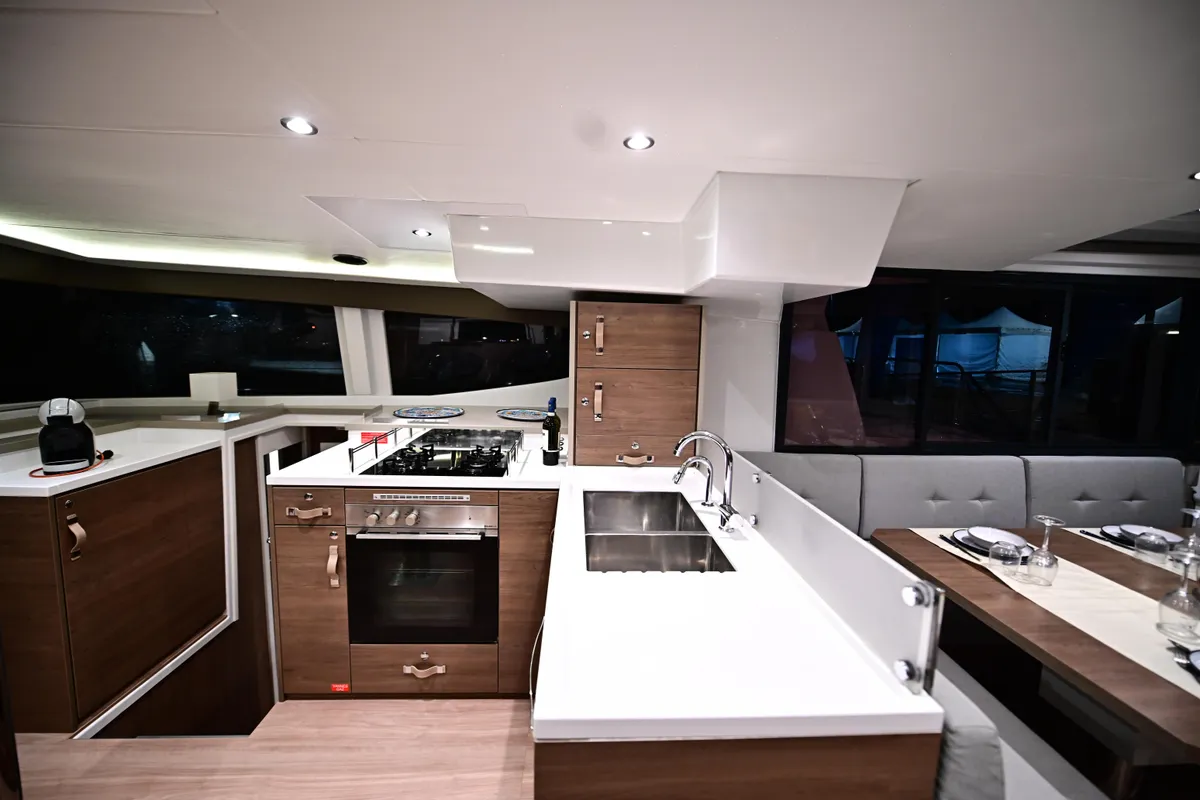 Galley of Arche IV, a Bali 4.8 catamaran at Salerno, Italy