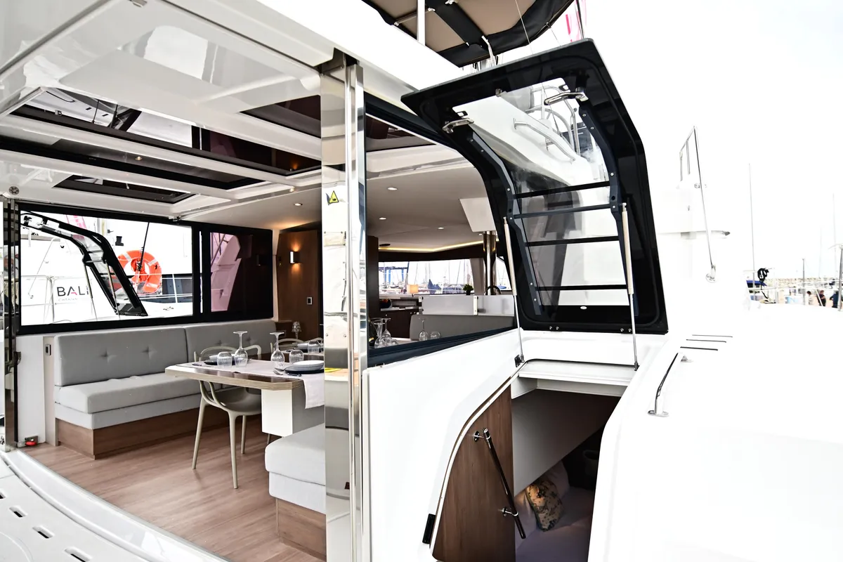 Exterior view of Arche IV, a Bali 4.8 catamaran at Salerno, Italy