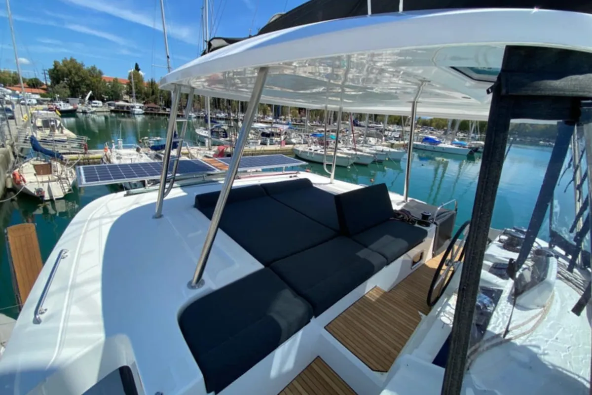 Salon of Diamanti IV, a Lagoon 46 catamaran at Skiathos, Greece