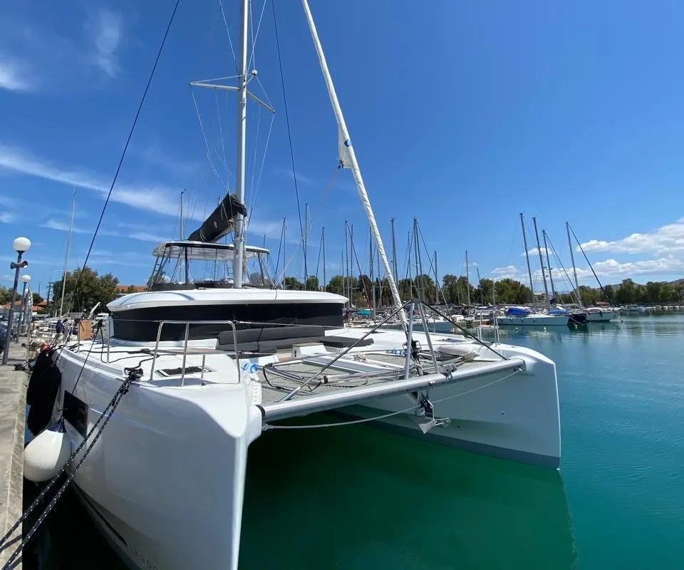 Exterior view of Diamanti IV, a Lagoon 46 catamaran at Skiathos, Greece