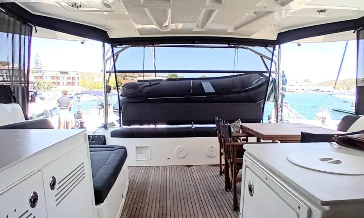 Cockpit of Diamanti IV, a Lagoon 46 catamaran at Skiathos, Greece