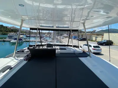 Salon of Diamanti IV, a Lagoon 46 catamaran at Skiathos, Greece