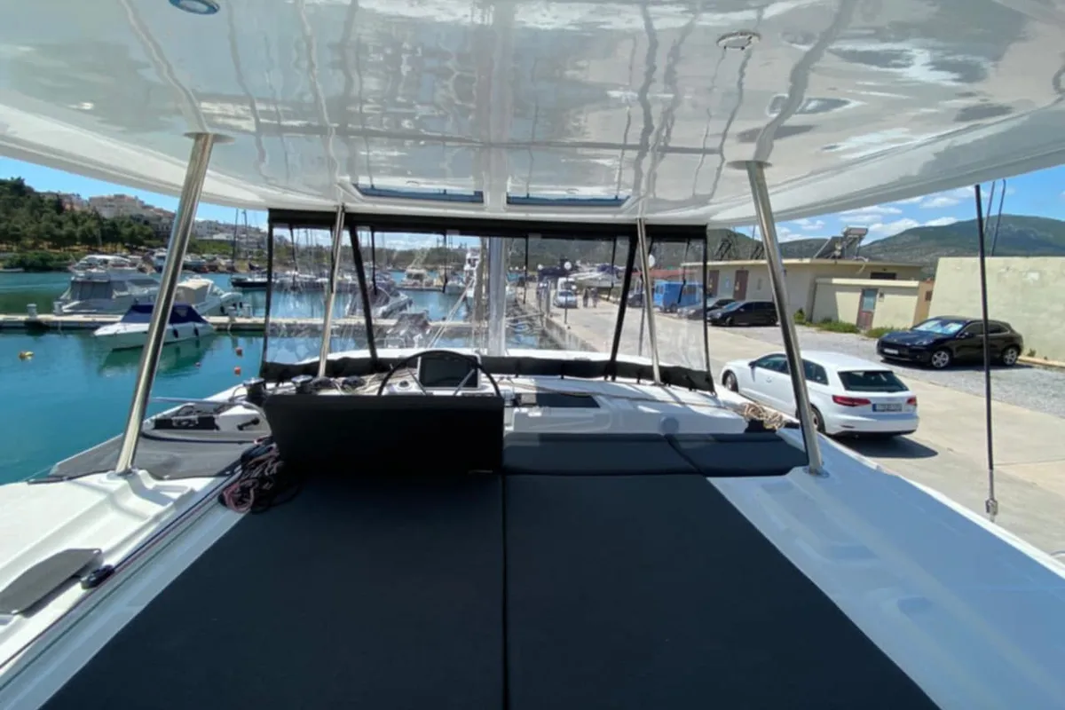 Salon of Diamanti IV, a Lagoon 46 catamaran at Skiathos, Greece