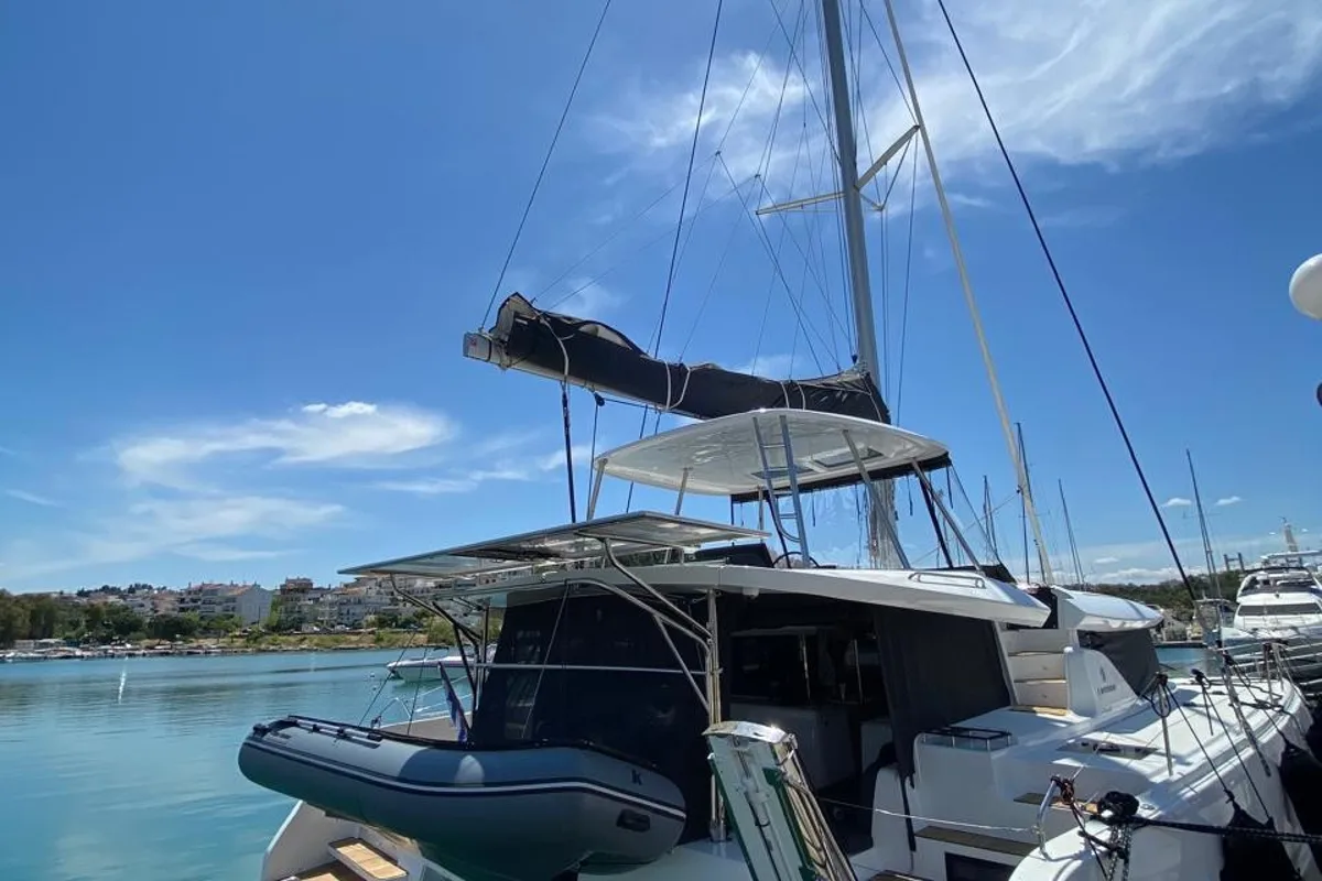 Cockpit of Diamanti IV, a Lagoon 46 catamaran at Skiathos, Greece