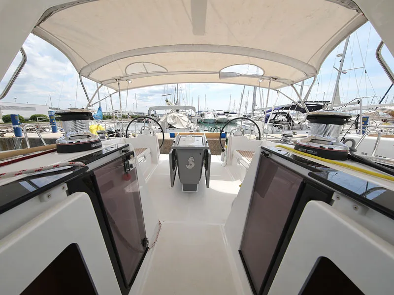 Cockpit of San Clemente, a Beneteau Oceanis 48 sailboat at Sukošan, Croatia