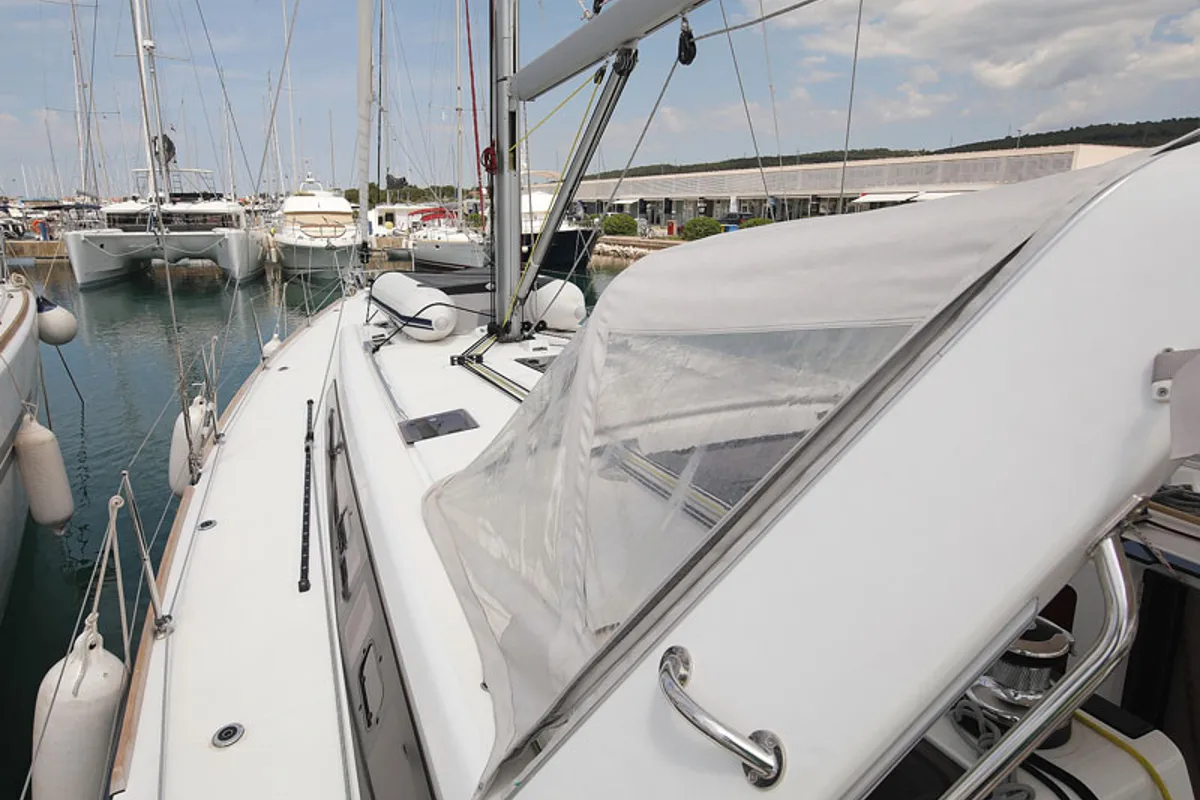 Deck of San Clemente, a Beneteau Oceanis 48 sailboat at Sukošan, Croatia
