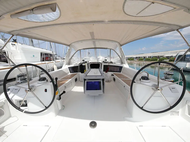 Cockpit of San Clemente, a Beneteau Oceanis 48 sailboat at Sukošan, Croatia