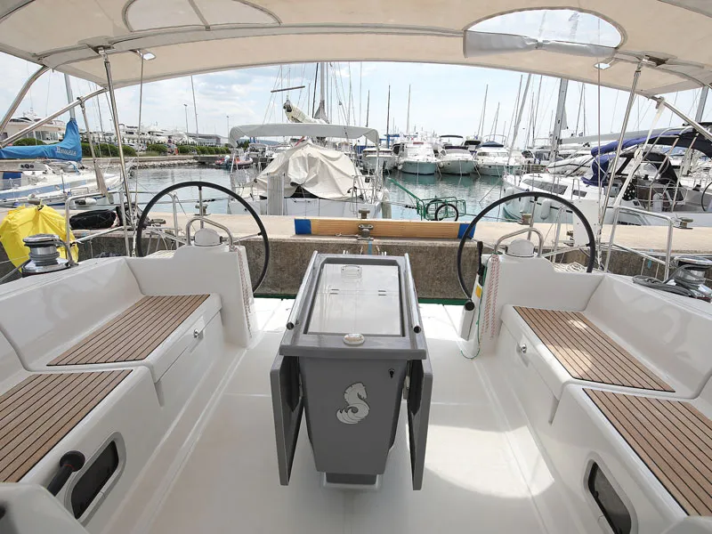 Cockpit of San Clemente, a Beneteau Oceanis 48 sailboat at Sukošan, Croatia