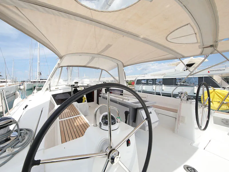 Cockpit of San Clemente, a Beneteau Oceanis 48 sailboat at Sukošan, Croatia