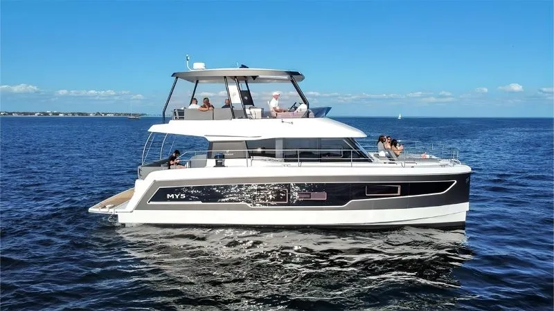 Exterior view of Red Lyon, a Fountaine Pajot MY5 catamaran at Central Abaco, Bahamas