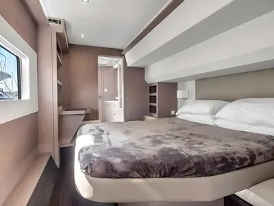 Cabin on Red Lyon, a Fountaine Pajot MY5 catamaran at Central Abaco, Bahamas
