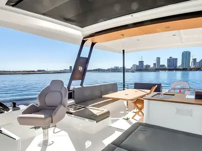 Deck of Red Lyon, a Fountaine Pajot MY5 catamaran at Central Abaco, Bahamas