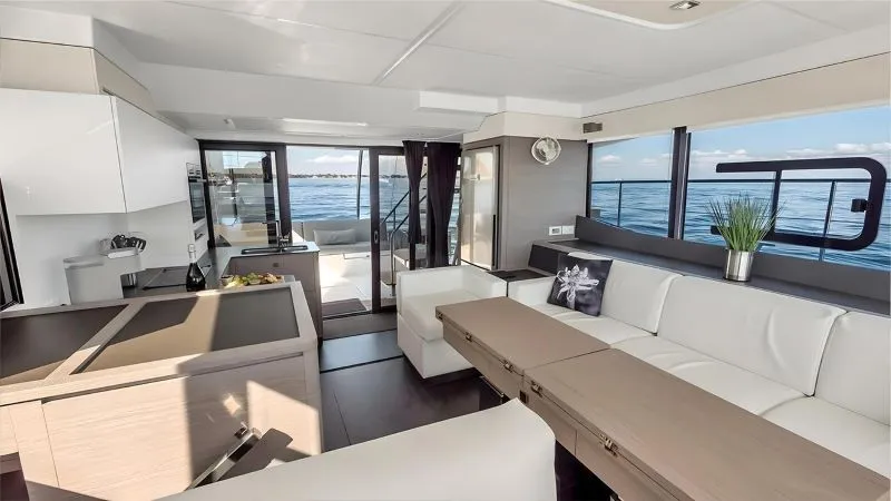 Salon of Red Lyon, a Fountaine Pajot MY5 catamaran at Central Abaco, Bahamas