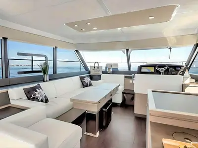 Salon of Red Lyon, a Fountaine Pajot MY5 catamaran at Central Abaco, Bahamas