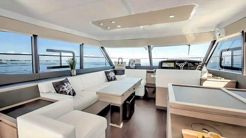 Salon of Red Lyon, a Fountaine Pajot MY5 catamaran at Central Abaco, Bahamas